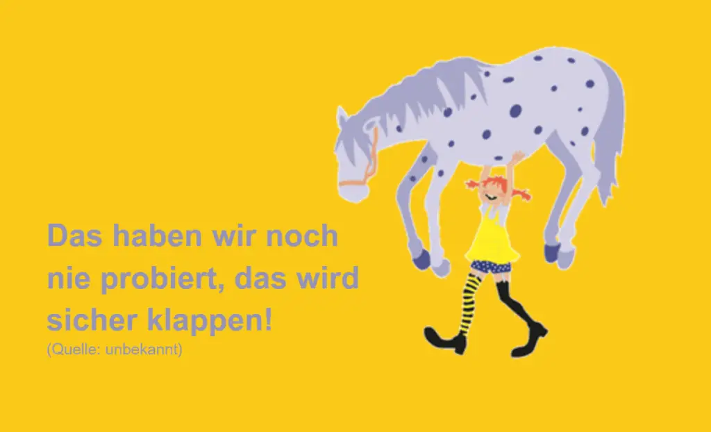 „Das haben wir noch nie probiert, das wird sicher klappen.“ (Quelle: unbekannt) Neben diesem Zitat ist ein Pferd und ein Mädchen abgebildet, die eine fröhliche, abenteuerlustige Haltung widerspiegeln.